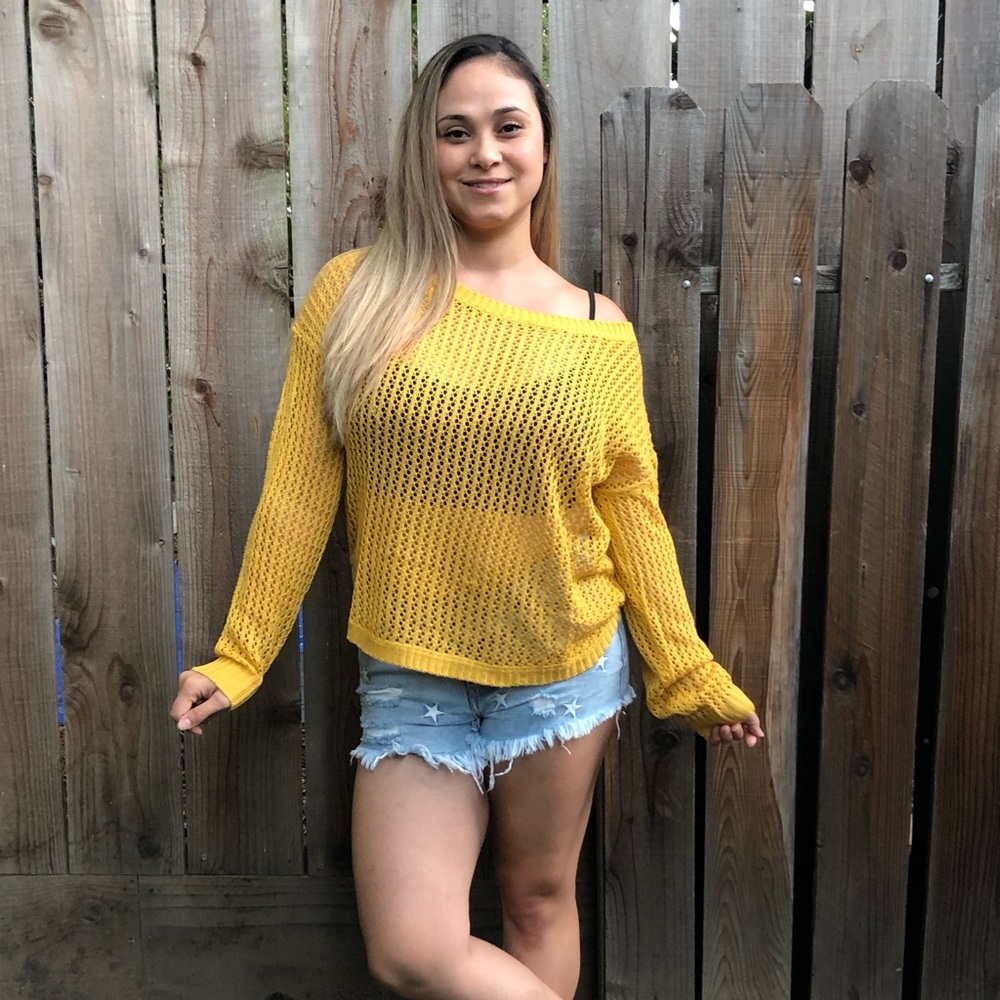 Open Knit Cross Back Sweater - Mustard